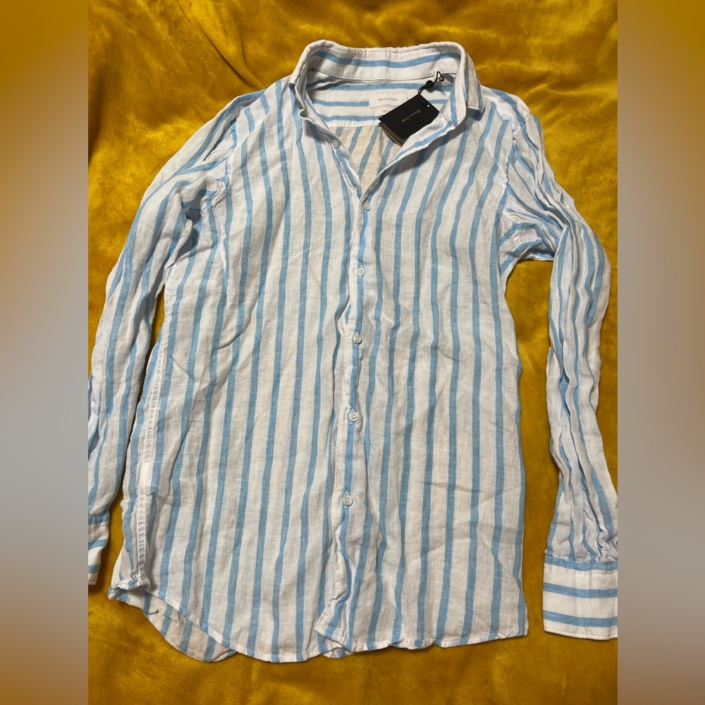 Massimo Dutti Light Blue and White Striped Linen-Blend Long Sleeve Shirt